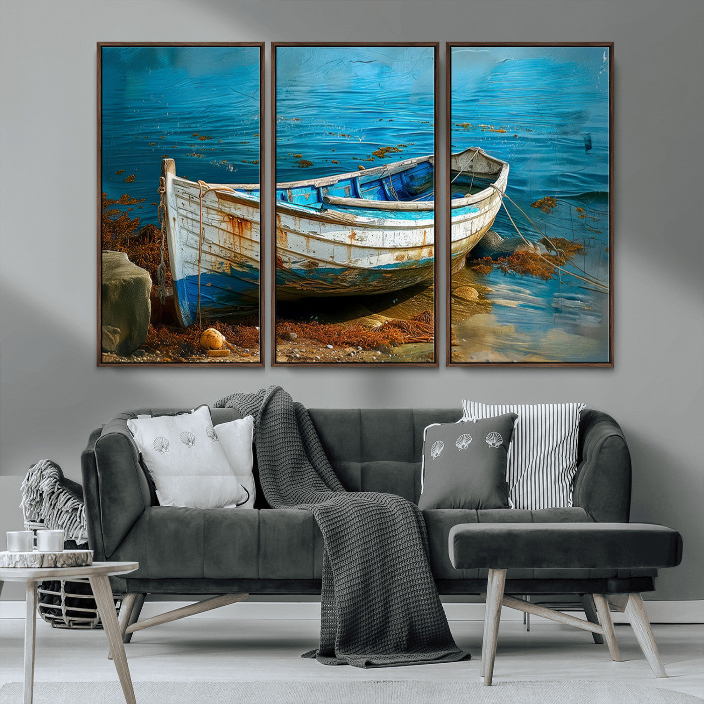 54716-MGV-CV-36X24-Vintage Boat on Tranquil Waters | Coastal Wall Art for Nautical Decor | Rustic Triptych Canvas Print