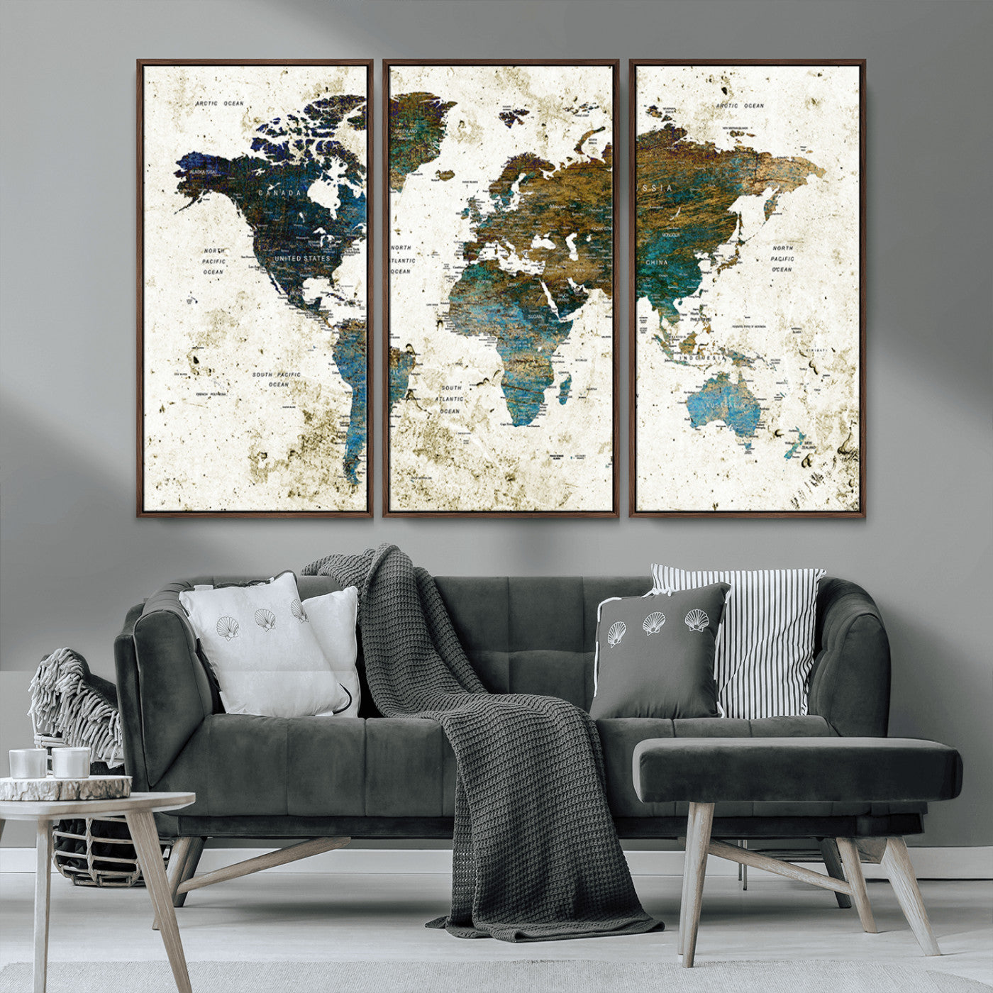 89176-MGV-CV-36X24-Vintage Blue and Brown World Map Canvas Wall Art – Framed Rustic Map Print, Earth Tone Travel Decor for Stylish Home and Office Walls