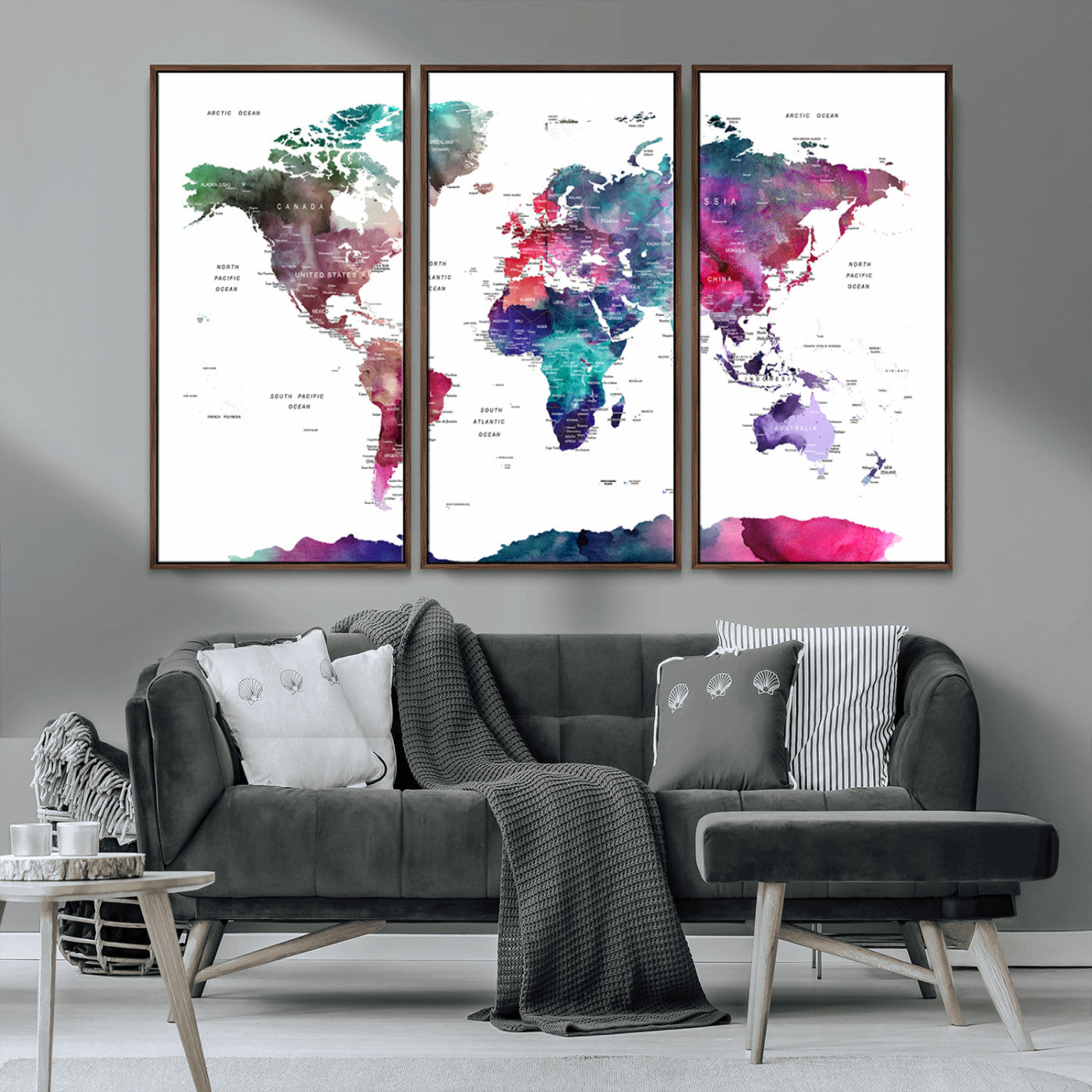 78176-MGV-CV-36X24-Colorful Watercolor World Map Canvas Wall Art – Framed Modern Map Print, Vibrant Travel Inspired Artwork for Home and Office Decor
