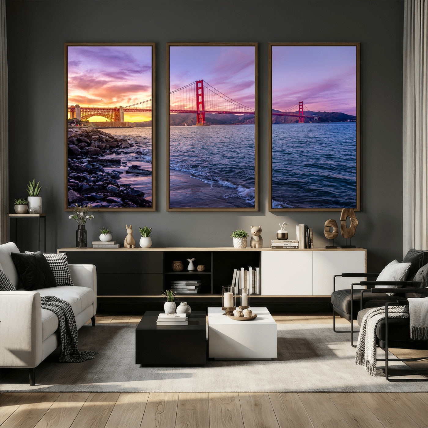 24256-MGV-CV-36X24 - Golden Gate Bridge Wall Art Print, San Francisco Sunset Canvas Wall Art, Cityscape Canvas Print for