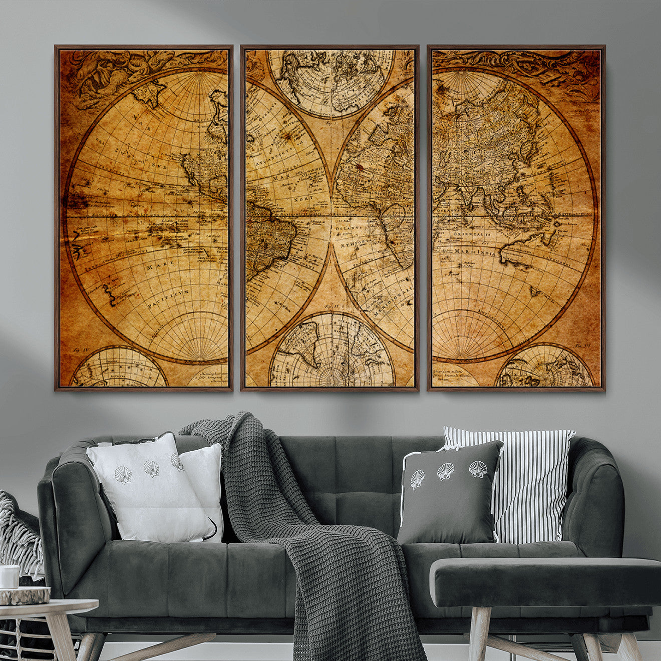 25517-MGV-FC-48X32-3P - Vintage World Map Canvas Print – Antique Push Pin Travel Map, Framed Wall Art for Home or Office Decor