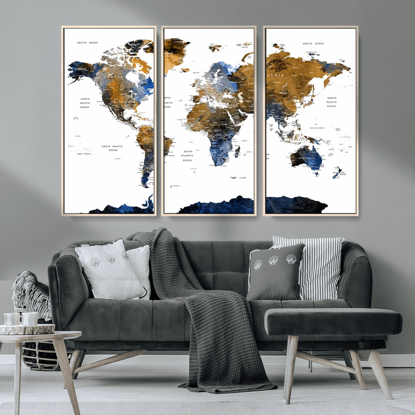 56231-MGV-CV-36X24-Navy and Gold World Map Canvas Wall Art – Framed Modern World Map Print, Elegant Travel Inspired Artwork for Home and Office Decor