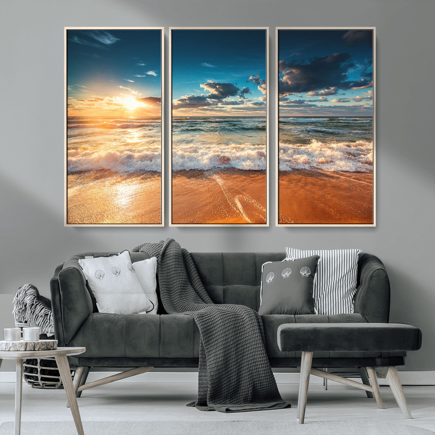 -Golden Sunset Beach Triptych Canvas Art, Giclee Coastal Wall Decor, Ocean Waves Print, Modern Beach