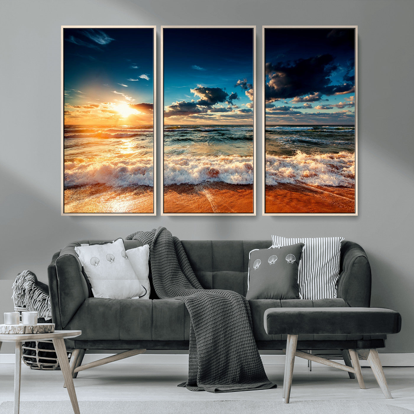 -Golden Hour Sunset Over Ocean Waves Wall Art Canvas Print | 3 Panel Coastal Landscape Canvas Wall