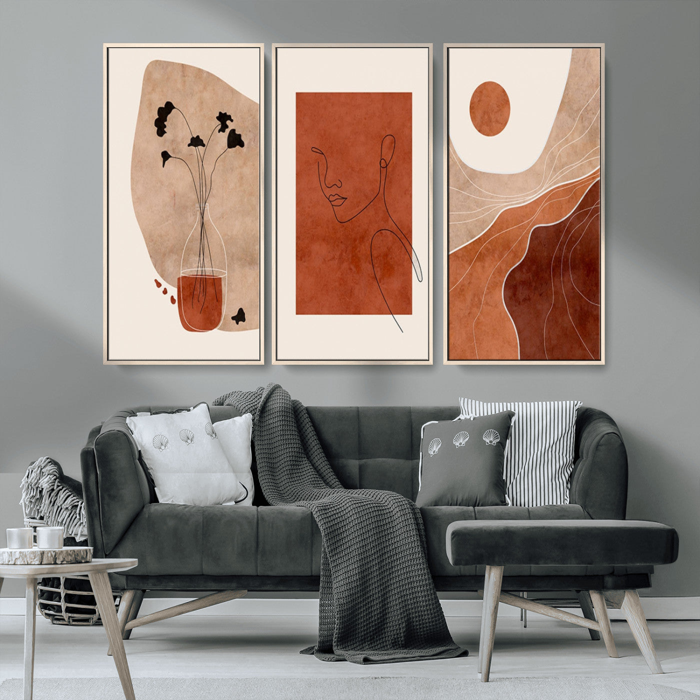 56768-MGV-FC-48X32-3P_Natural-Boho Sunset Mountain Canvas Print, Modern Boho Sunset Mountain Landscape Triptych – Giclée Canvas