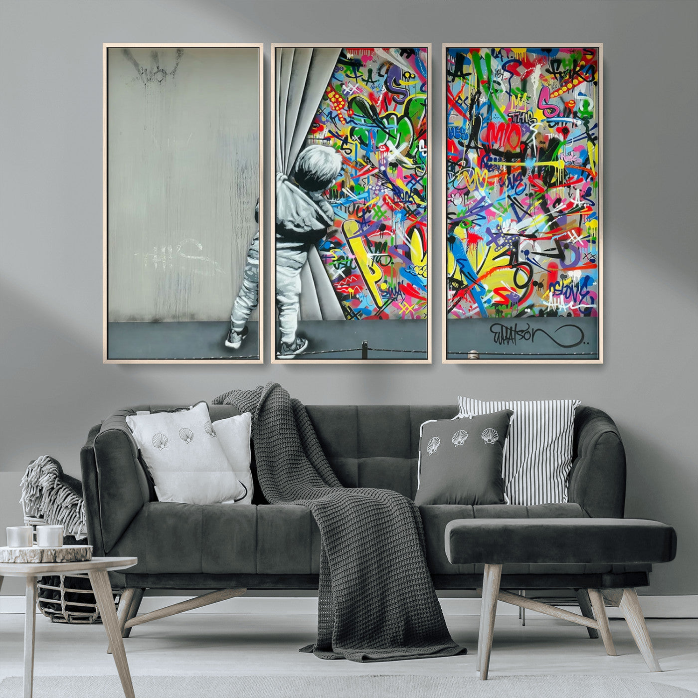 51713-MGV-CV-36X24-Banksy Colorful Street Graffiti Canvas Wall Art Print, Modern Art Triptych, Child and Graffiti Wall,