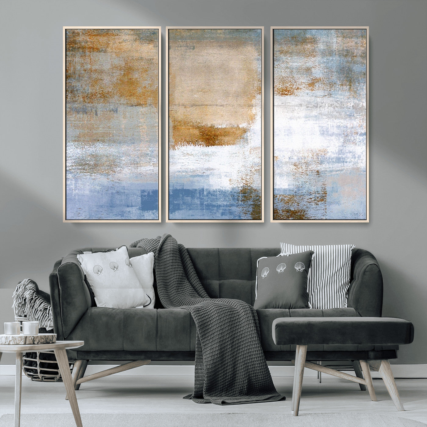 72354-MGV-CV-36X24-Blue Multi Panel Abstract Wall Art Canvas, Abstract Blue and Gold Canvas Print