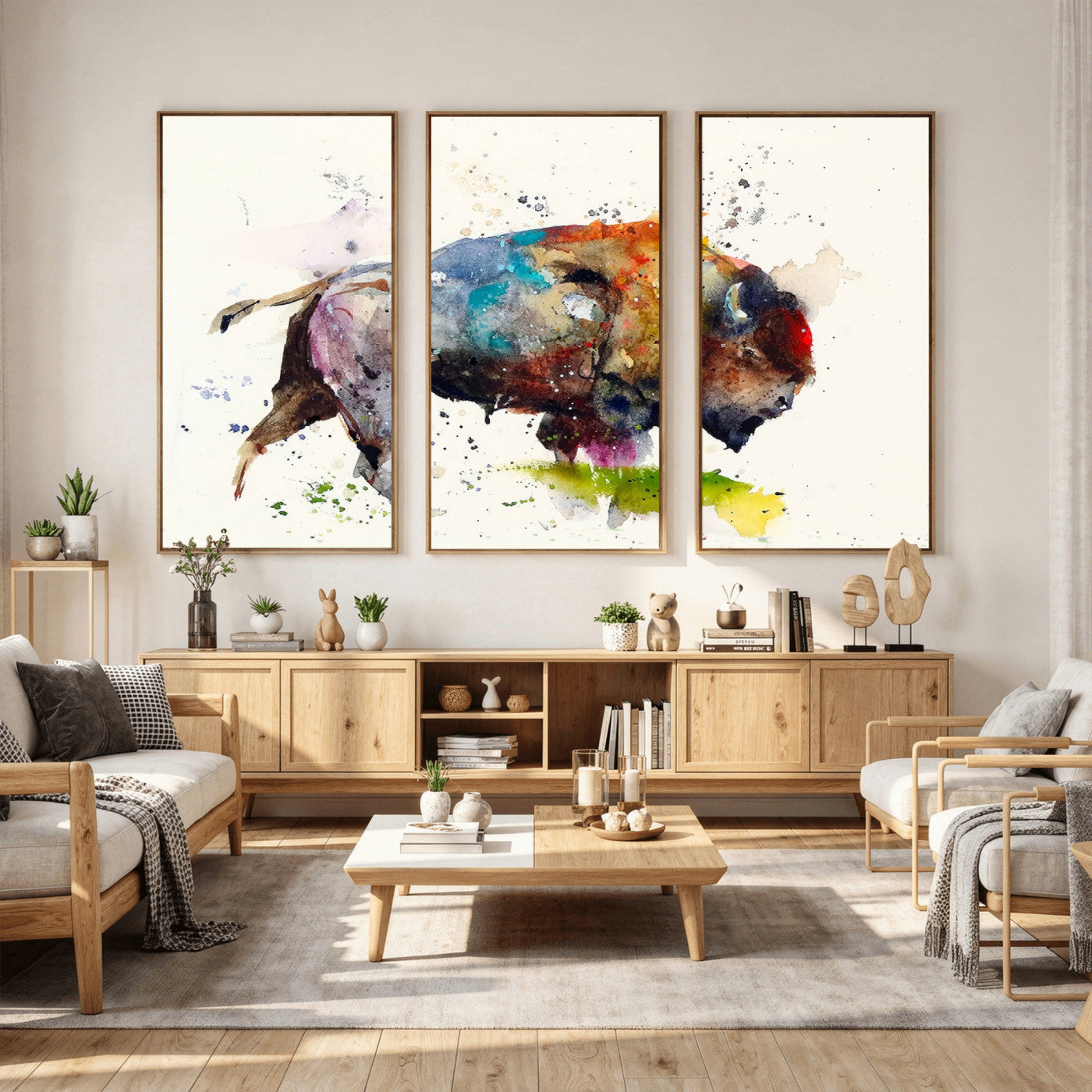 44504-MGV-CV-36X24 - Abstract Buffalo Wall Art, Western Watercolor Bison Canvas Print, Rustic Buffalo Art for Cowboy and
