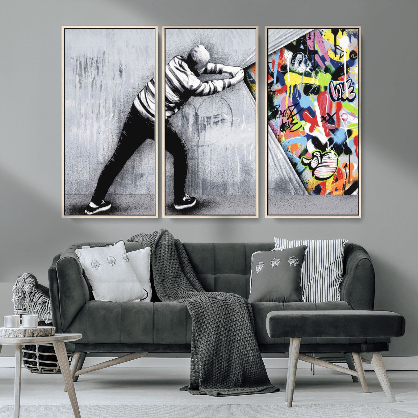 52252-MGV-CV-36X24-Banksy Art Behind the Curtain Street Wall Art Canvas Print | 3-Panel Urban Graffiti-Inspired Wall
