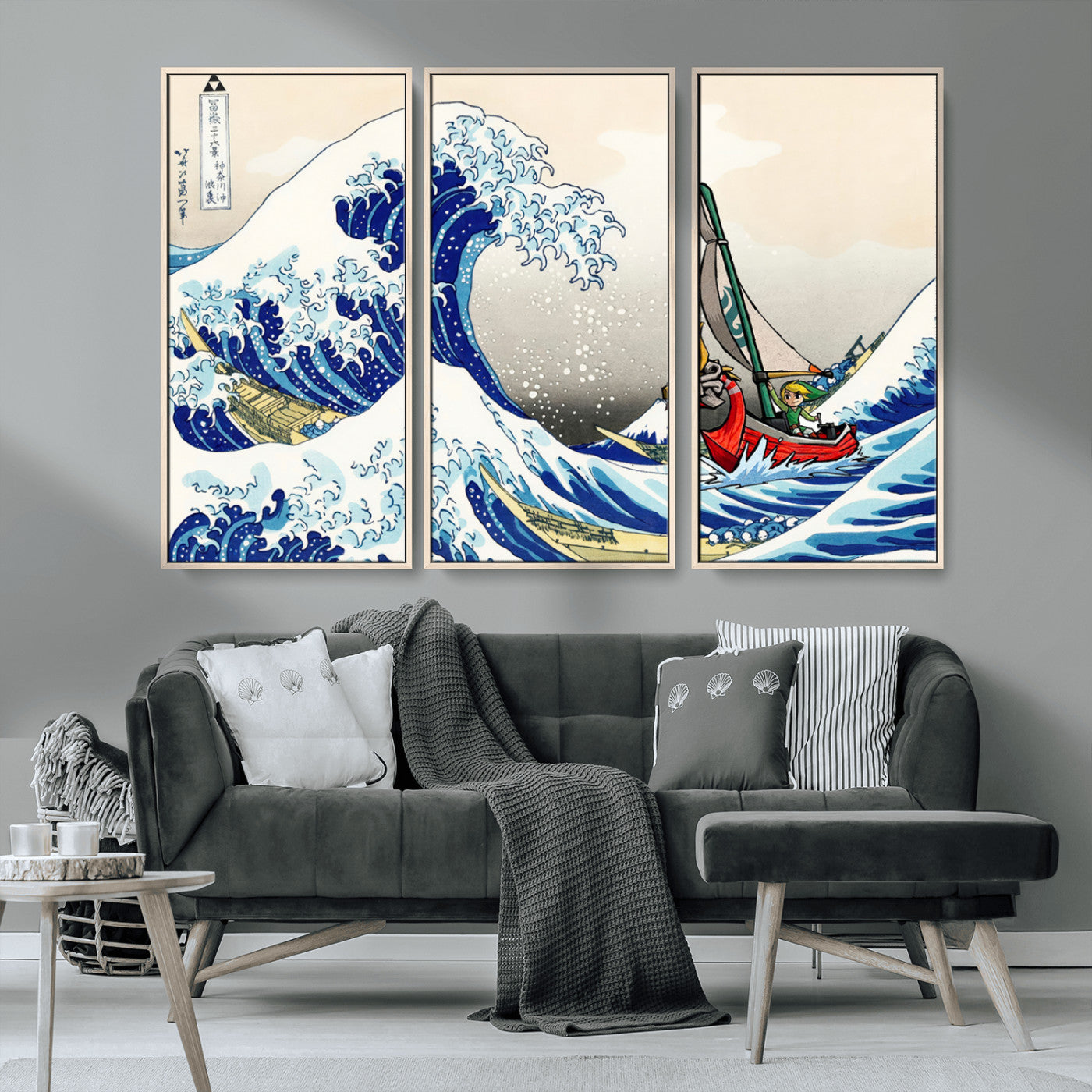 19450-MGV-FC-48X32-3P_Natural-Katsushika Hokusai Kanagawa Giant Wave Wall Art Canvas Print | Iconic Japanese Art for Living Room