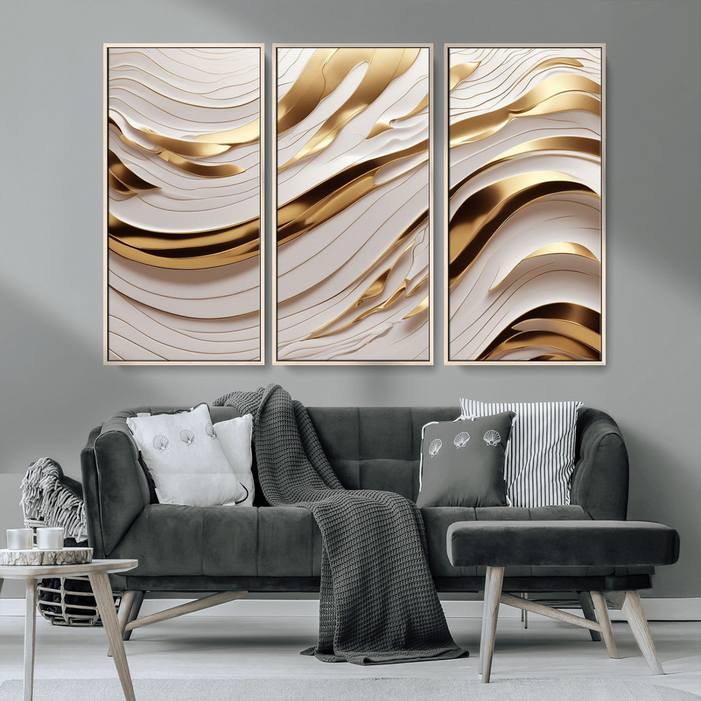 81197-MGV-CV-36X24-Gold and White Abstract Wave Canvas – Elegant Flowing Design with Luxurious Golden Accents –