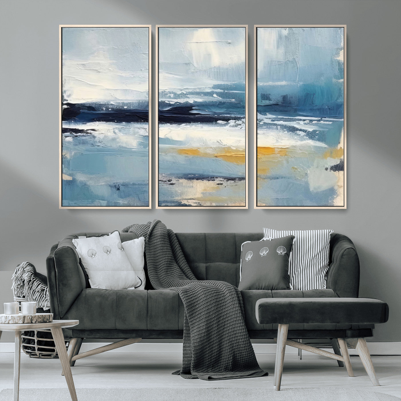 19746-MGV-CV-36X24-Abstract Ocean Canvas Wall Art - Coastal Blue and Gold Textured Painting, Modern Seascape Decor for