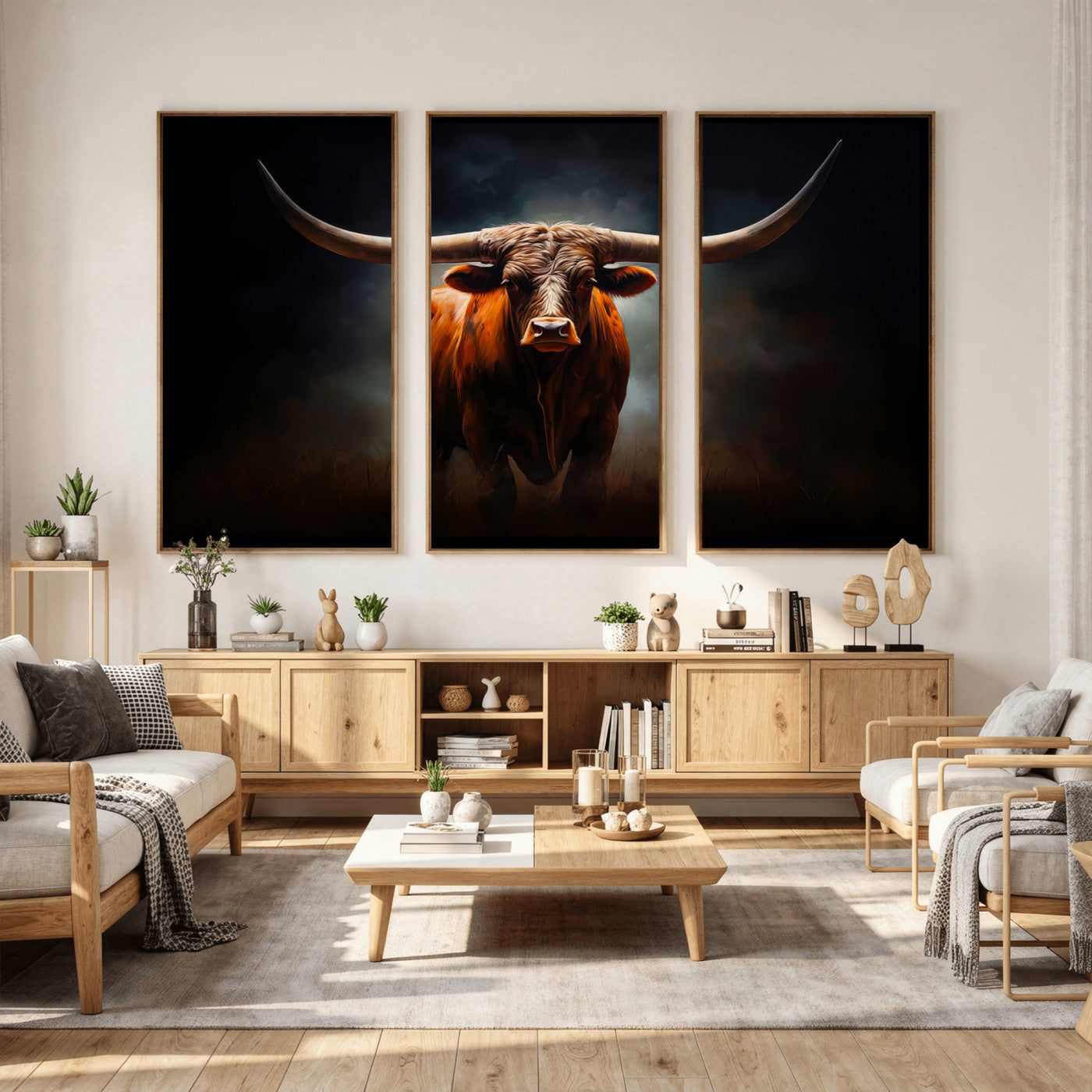 48896-MGV-CV-36X24 - Abstract Texas Longhorn Wall Art Print | 3-Panel Large Texas Longhorn Canvas Print for Living Room,