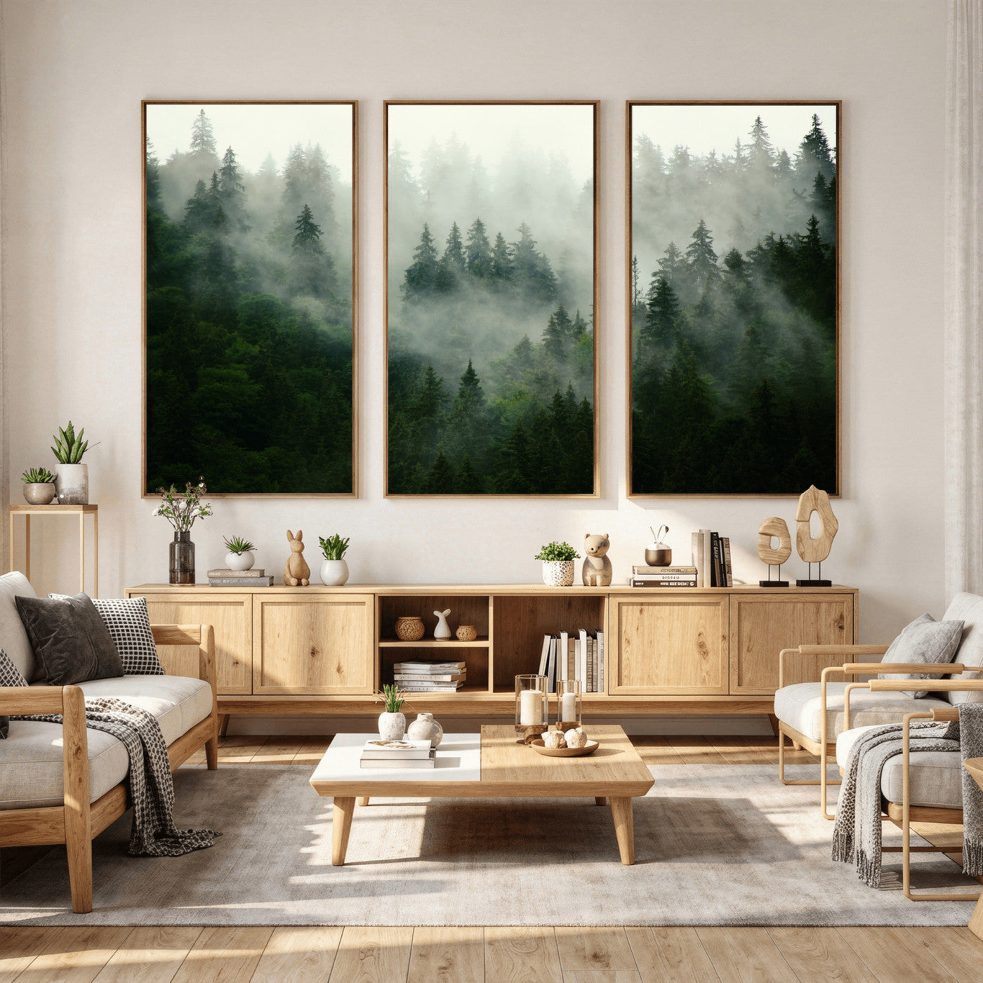 167720496-MGV-CV-36X24 - Misty Forest Mountain Wall Art Canvas | Large 3-Panel Foggy Landscape Canvas Print | Nature Misty