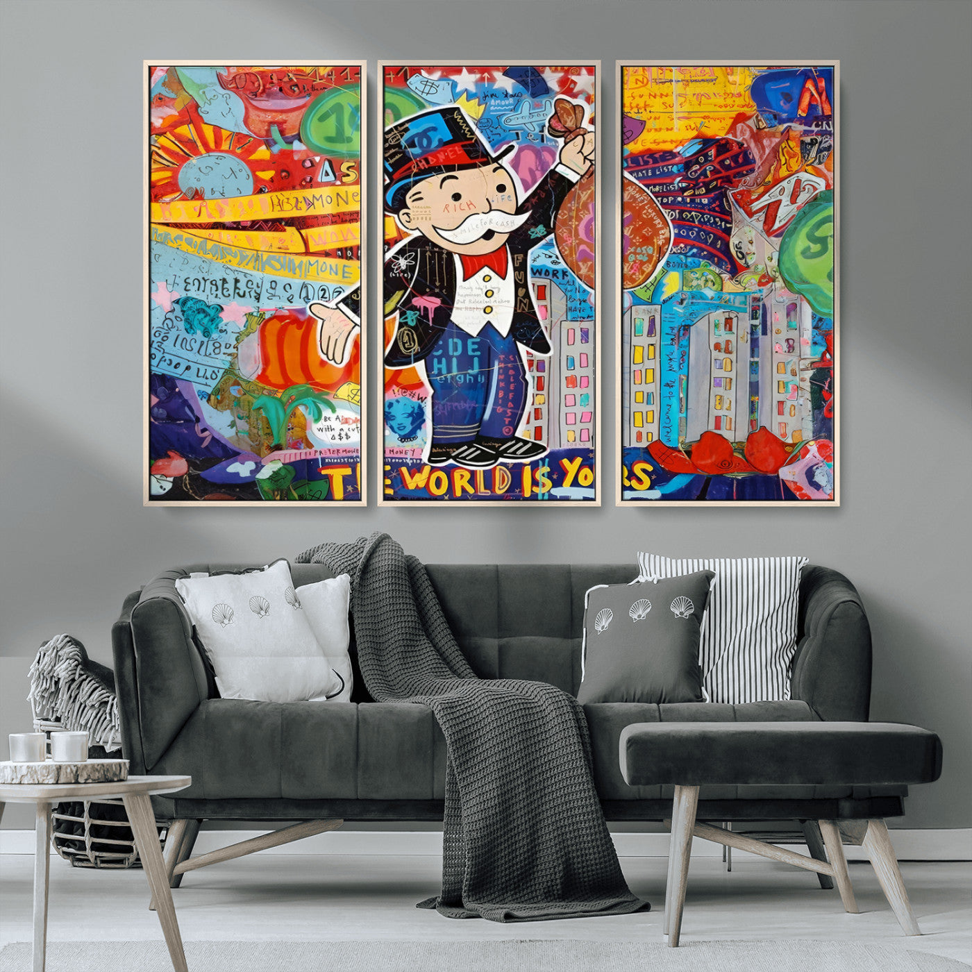 96320-MGV-FC-48X32-3P_Natural-Pop Art Monopoly Man Canvas Wall Art Print - Bold and Colorful Street Art-Inspired Decor for Living