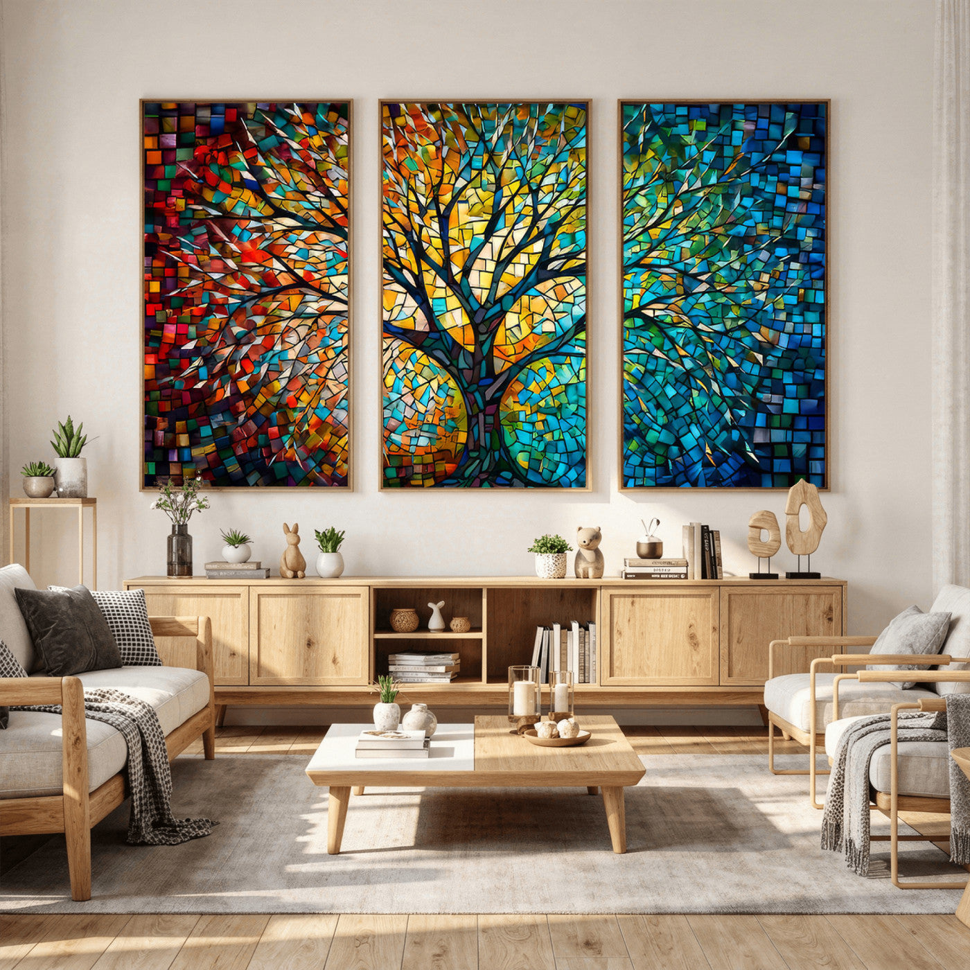 99325-MGV-CV-36X24 - Yggdrasil Tree of Life Wall Art Print Canvas | Mosaic Style 3-Panel Canvas Print
