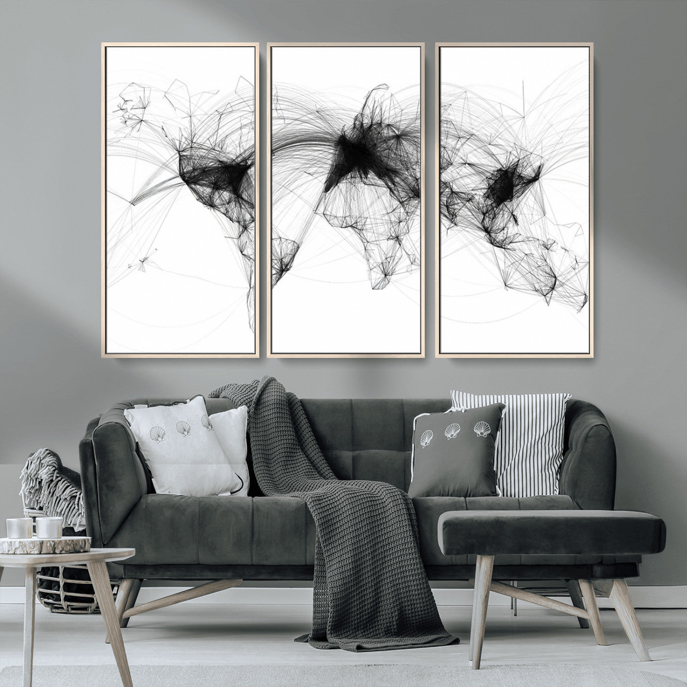 50136-MGV-CV-36X24-Abstract World Map Wall Art – Framed Geometric Line Canvas Artwork, Modern Global Design, Contemporary Decor for Home, Office