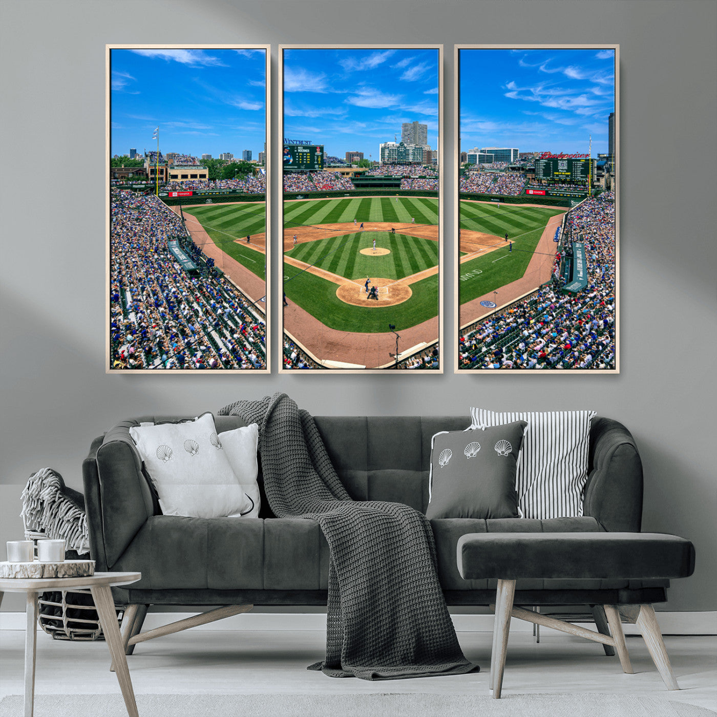 26064-MGV-FC-48X32-3P_Natural-Wrigley Field Chicago Cubs Wall Art Canvas Print Framed Panoramic Multi-Piece Iconic Baseball Stadium Artwork for Home, Office