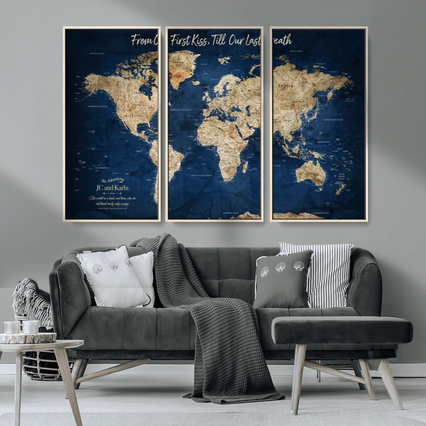 -Personalized Push Pin World Map Canvas Print – Custom Couple Travel Tracker Wall Art, Framed Anniversary Gift for Home Decor