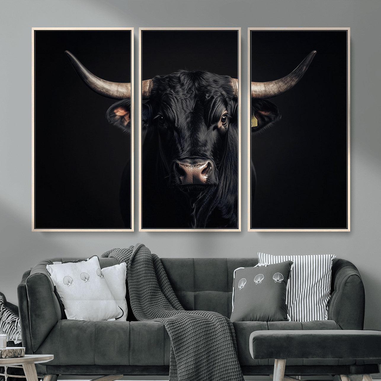 MGV-FC-48X32-3P - Black Bull Wall Art – Framed Horned Bull Canvas Artwork, Western Cattle Design, Rustic Ranch Style Decor for Home, Office