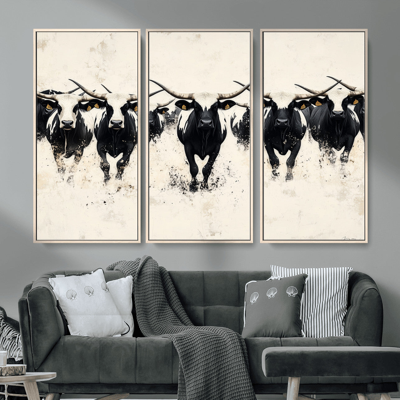 MGV-FC-48X32-3P - Longhorn Cattle Wall Art – Canvas Print of Herd in Motion, Symmetry and Ink Splatter, Minimalist Western Ranch, Bold Rustic Farm Decor