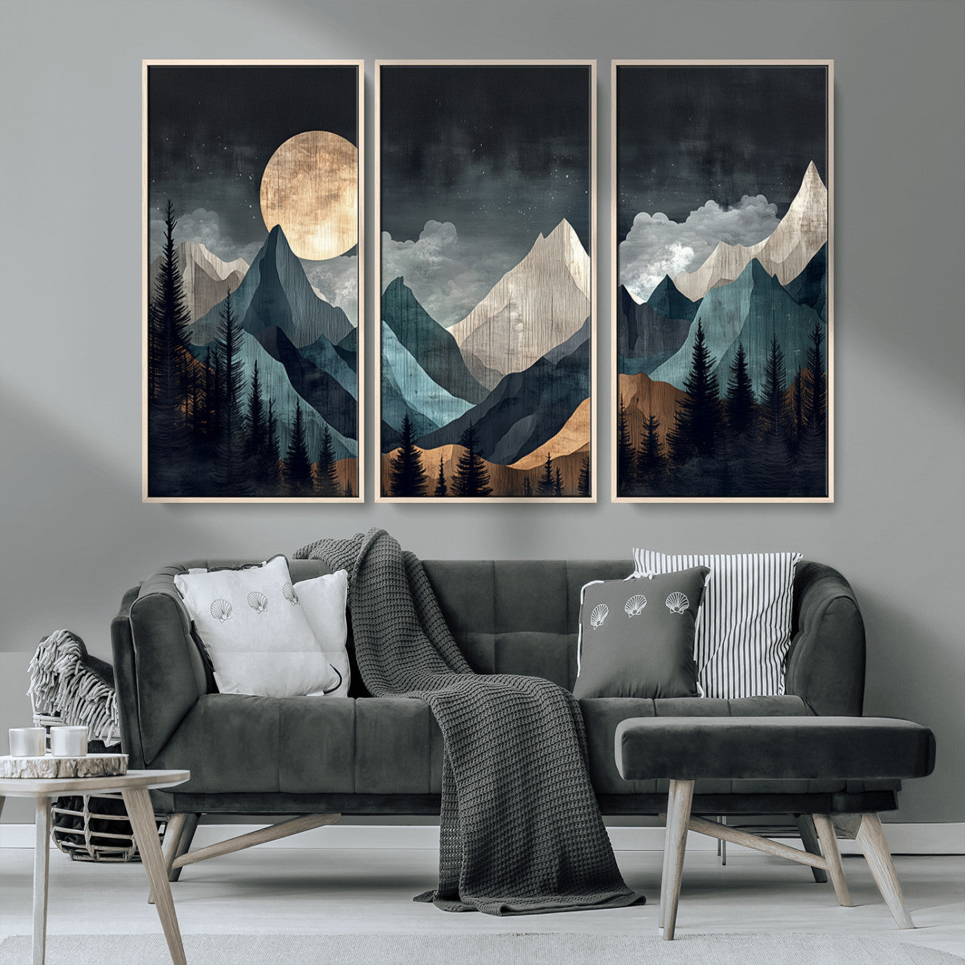 11060882-MGV-CV-36X24-Moonlit Mountain Wall Art Canvas Print – Silhouetted Pines Layered Peaks Tranquil Sky Mist Silver Light Nature Artwork for Home