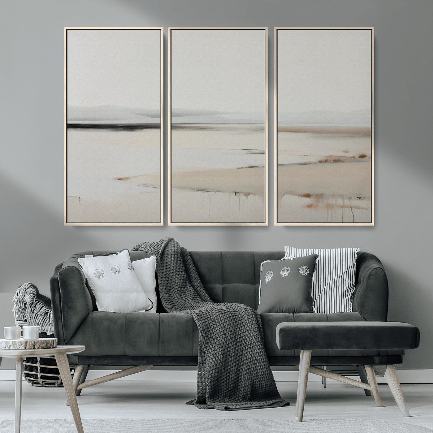 89410095-MGV-CV-36X24-Minimalist Landscape Wall Art Canvas Print – Framed Soft Horizon Abstract Seascape Earthy Tones Artwork for Home Office