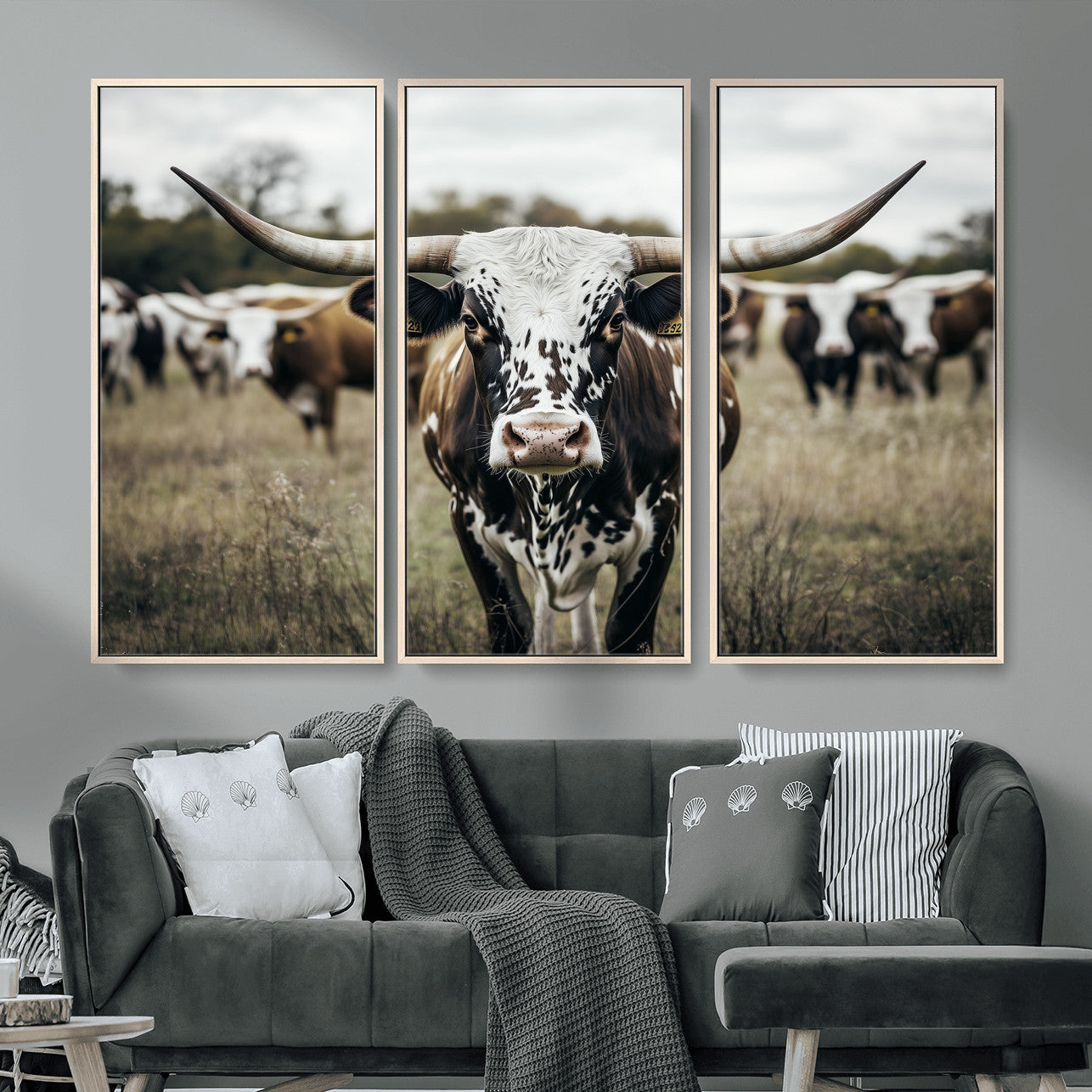 MGV-FC-48X32-3P - Majestic Longhorn Cow Wall Art – Canvas Print of Intricate Fur & Sharp Horns Earthy Tones Serene Landscape, Rustic Charm Decor for Living Room, Office or Bedroom