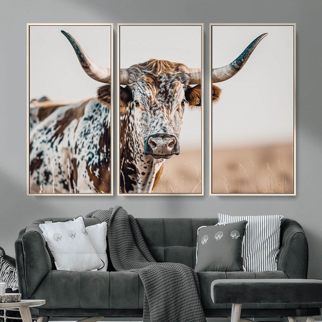 70414966-MGV-FC-48X32-3P - Majestic Longhorn Wall Art – Canvas Print of Strong Stance Intricate Fur & Sharp Horns Rustic Elegance & Timeless Wild Beauty Decor for Living Room, Office or Bedroom
