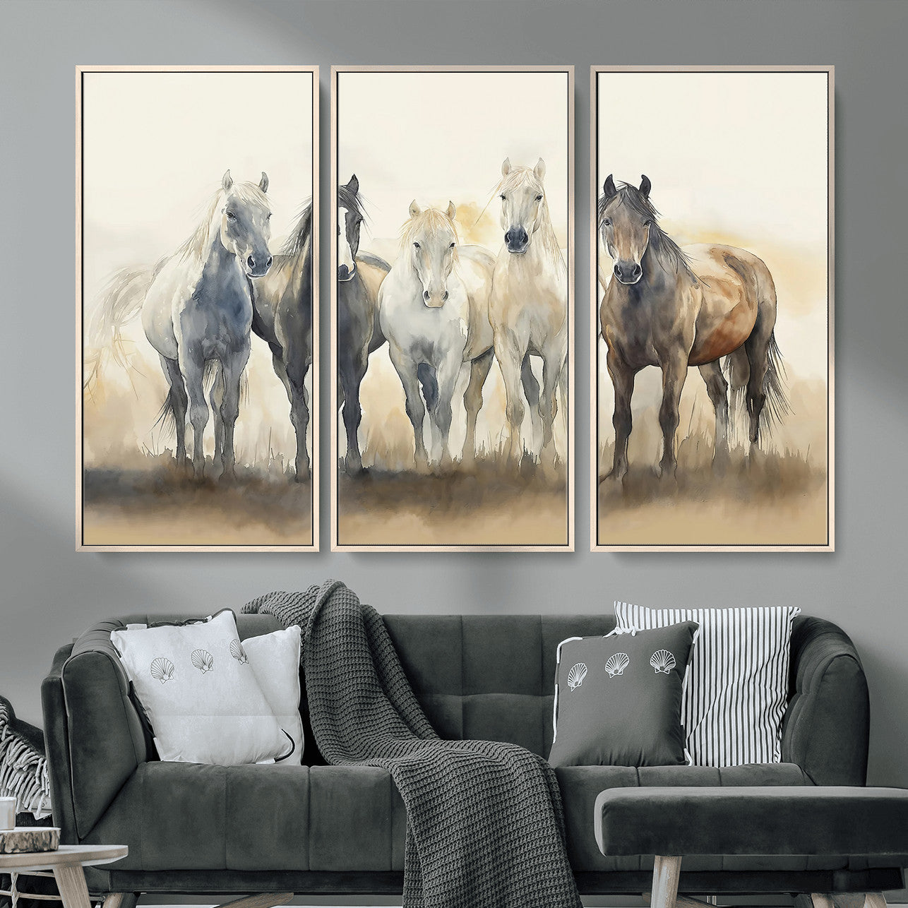 MGV-FC-48X32-3P - Wild Horses Wall Art Canvas Print, Framed Running Horses Art Picture Print, Watercolor Horses Perfect Rustic Western Decor Artwork