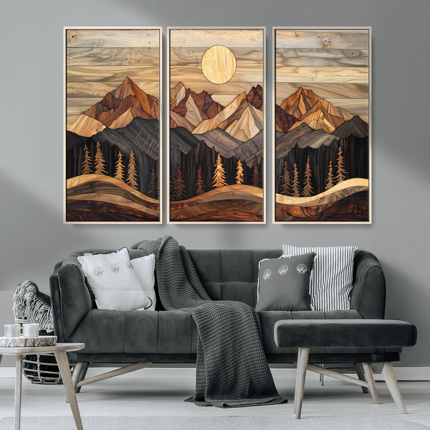 50100230-MGV-FC-48X32-3P_Natural-Wood Mountain Wall Art Canvas Print – Framed Boho Abstract Woodland Rustic Farmhouse Geometric Artwork for Home Office