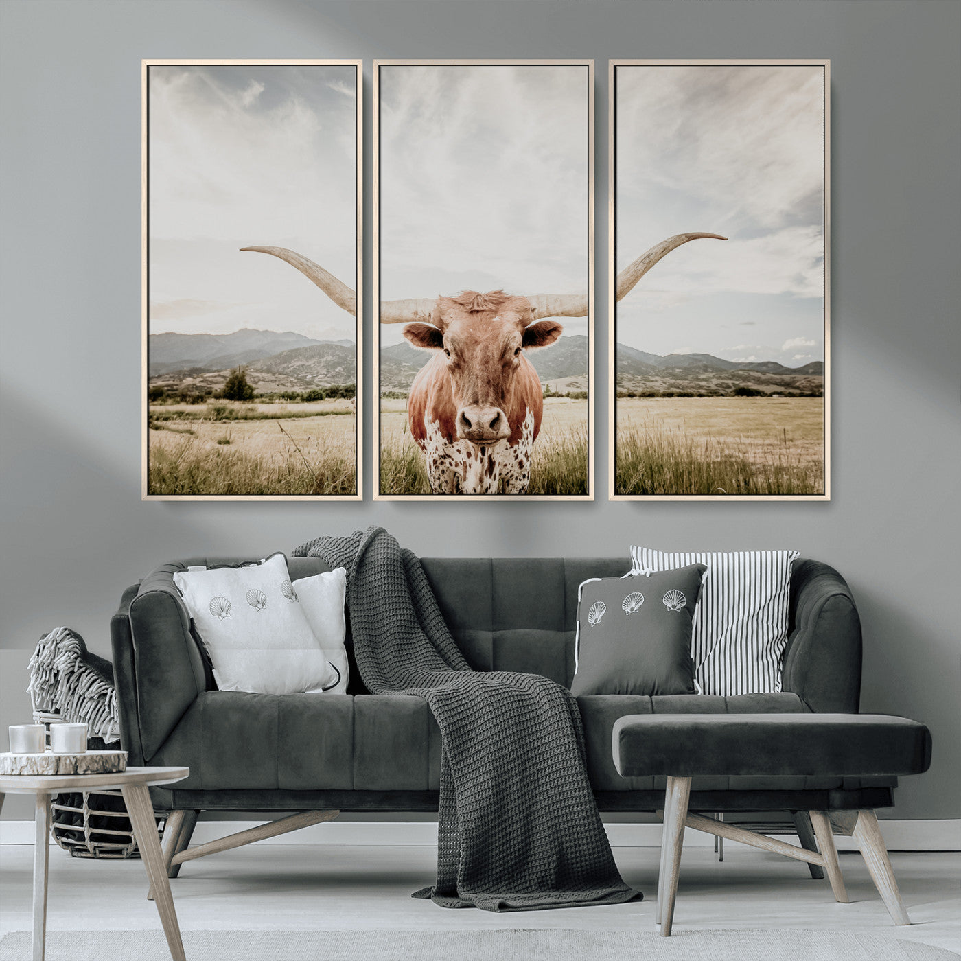80054319-MGV-CV-36X24-Texas Longhorn Wall Art Canvas Print – Framed Western Cow Scene with Rustic Farmhouse Artwork for Home, Office