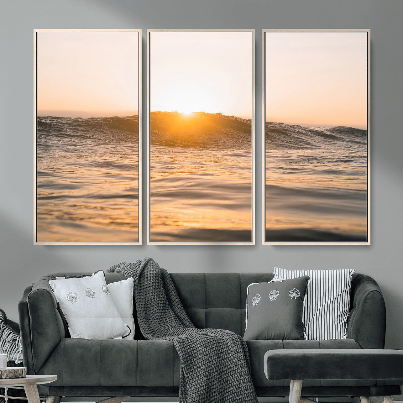 16973771-MGV-CV-36X24-Calm Water Wall Art – Framed Sunset Waves Canvas Artwork, Coastal Warm Design, Minimal Ocean Decor for Home, Office