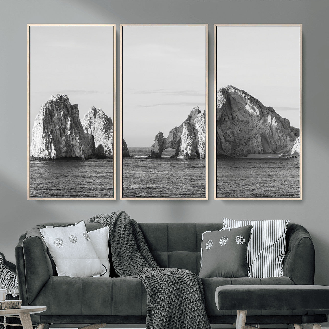 MGV-FC-48X32-3P - Rugged Coastline Wall Art Canvas Print, Framed Ocean Cliffs Art Picture Print, Monochrome Seascape Perfect Coastal Minimalist Decor Artwork