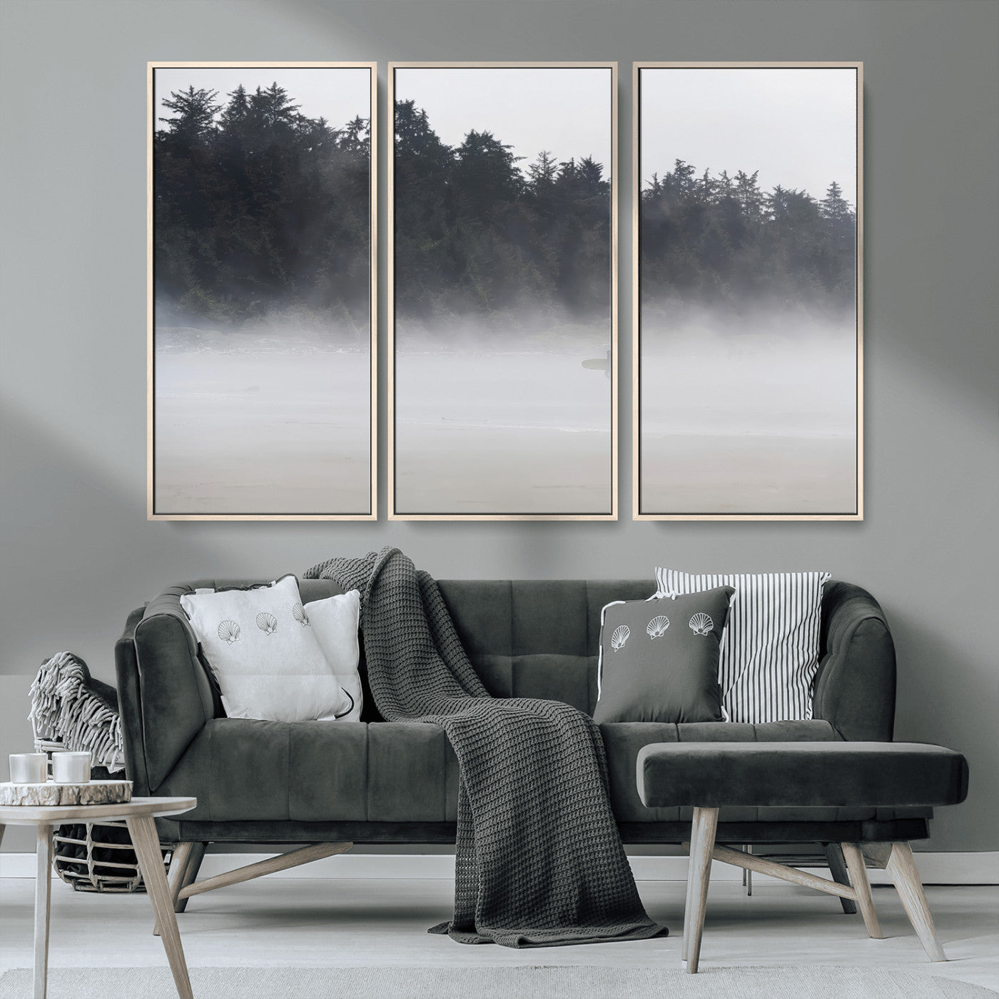 59703275-MGV-CV-36X24-Surfer Fog Wall Art Canvas Print – Framed Foggy Beach Scene with Coastal Surf Artwork for Home, Office, Living Room