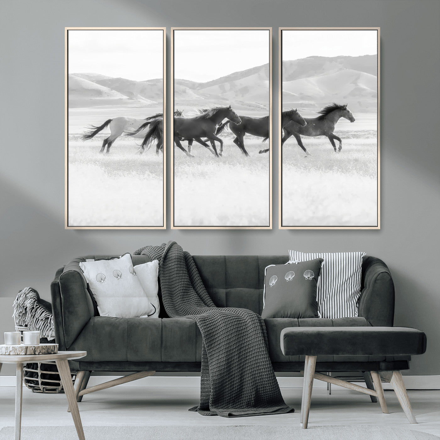 MGV-FC-48X32-3P - Wild Horses Wall Art – Black & White Canvas Print of Herd Running, Nature in Motion, Freedom & Beauty Decor for Guest Room, Office or Living Room