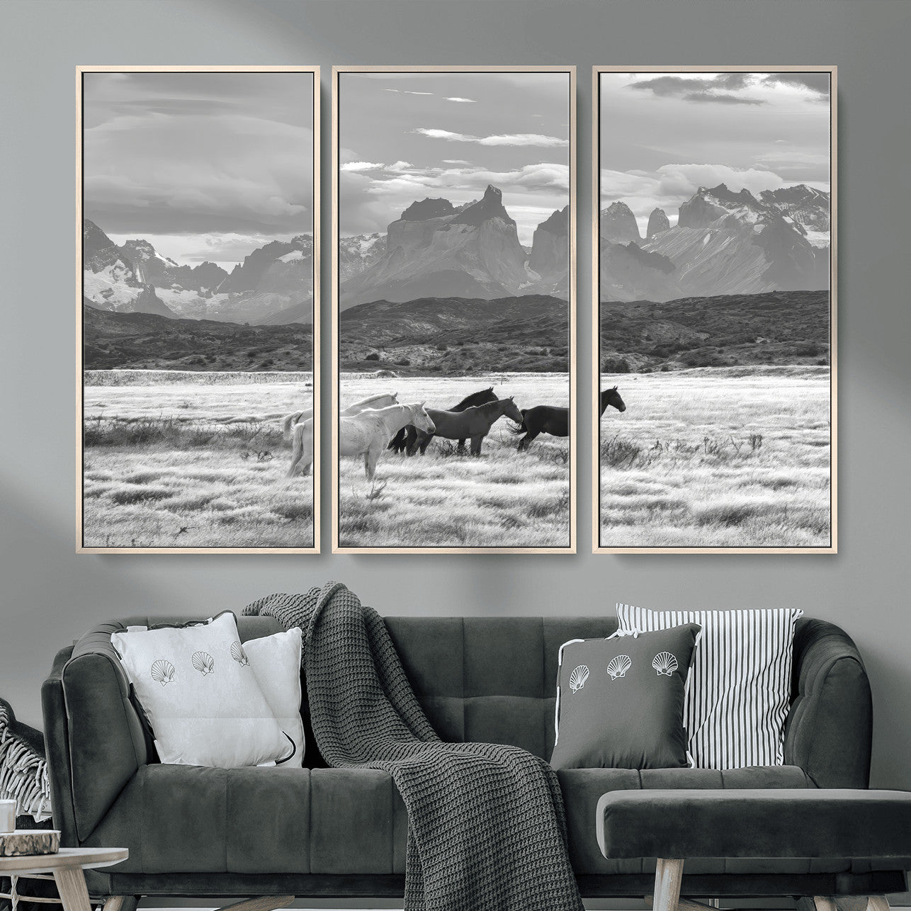 MGV-FC-48X32-3P - Wild Horses Wall Art Canvas Print, Framed Black White Mountains Art Picture Print, Rustic Countryside Perfect Rustic Western Decor Artwork