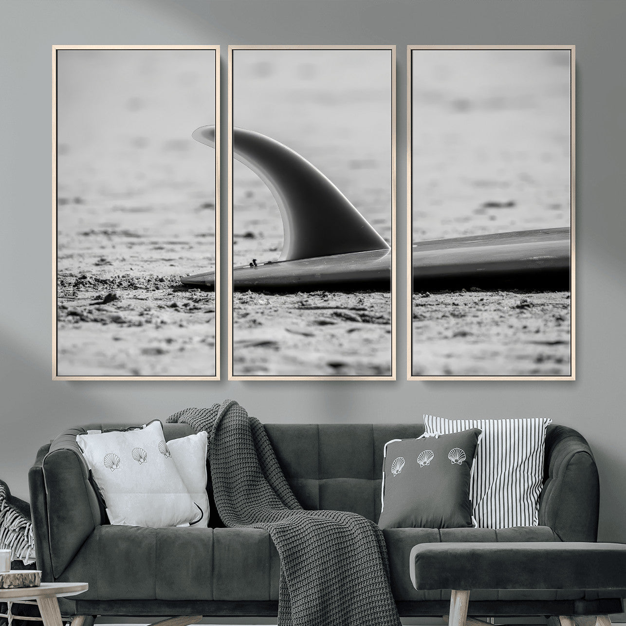 MGV-FC-48X32-3P - Black White Surfboard Wall Art Canvas Print, Framed Minimalist Beach Art Picture Print, Surf Fin Perfect Minimalist Coastal Decor Artwork