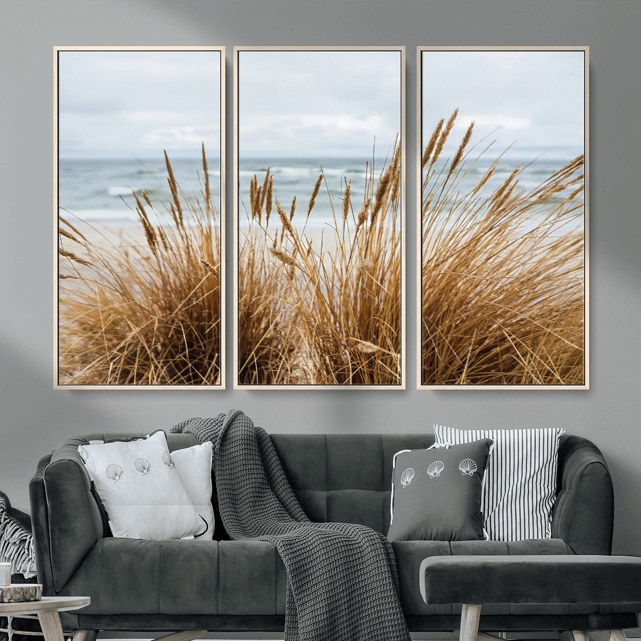 14270839-MGV-FC-48X32-3P_Natural-Beach Grass Wall Art – Framed Coastal Dunes Canvas Artwork, Minimal Seaside Design, Modern Coastal Decor for Home, Office