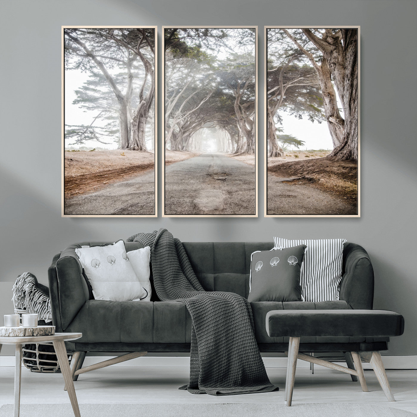 87090469-MGV-CV-36X24-Cypress Tunnel Wall Art – Framed Misty Road Canvas Artwork, Foggy Trees Design, Rustic Woodland Nature Decor for Home, Office
