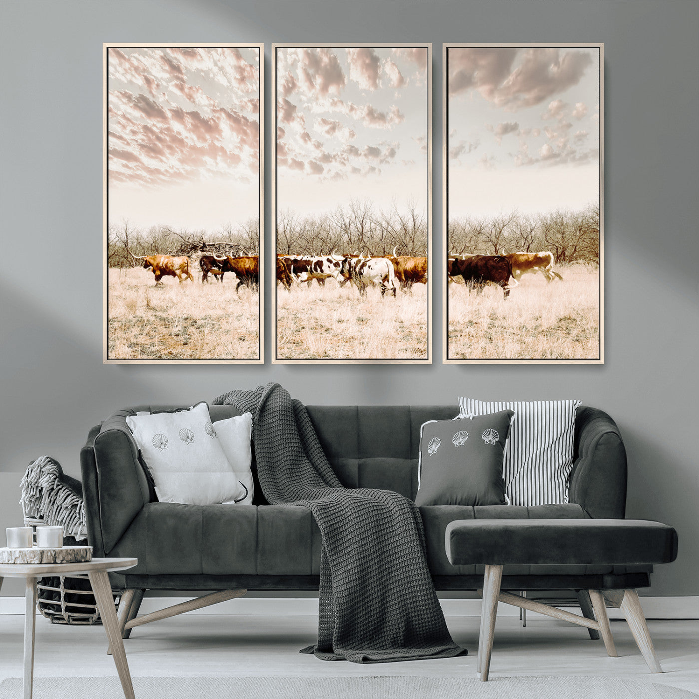 -Longhorn Cattle Wall Art Canvas Print, Framed Texas Ranch Art Picture Print, Western Cow Perfect