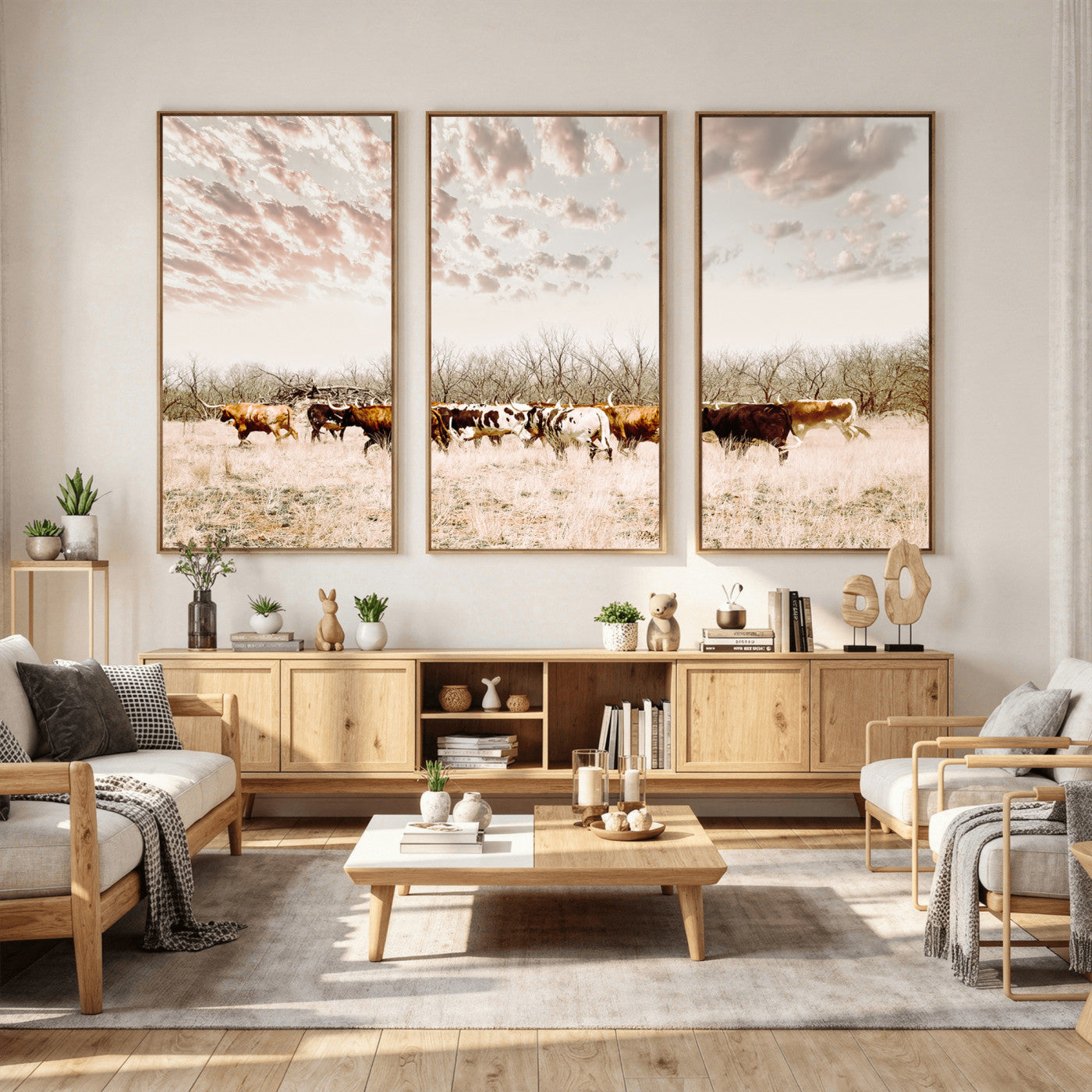 64892775-MGV-CV-36X24 - Longhorn Cattle Wall Art Canvas Print, Framed Texas Ranch Art Picture Print, Western Cow Perfect Western Decor Artwork