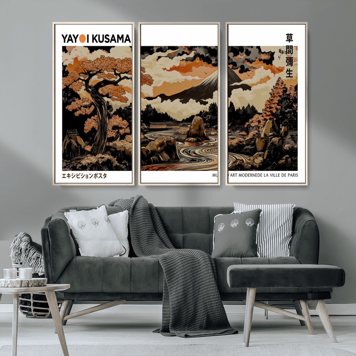 96372548-MGV-CV-36X24-Modern Japanese Wall Art Canvas Print – Framed Abstract Mount Fuji Scene with Yayoi Kusama Style Artwork for Home, Office