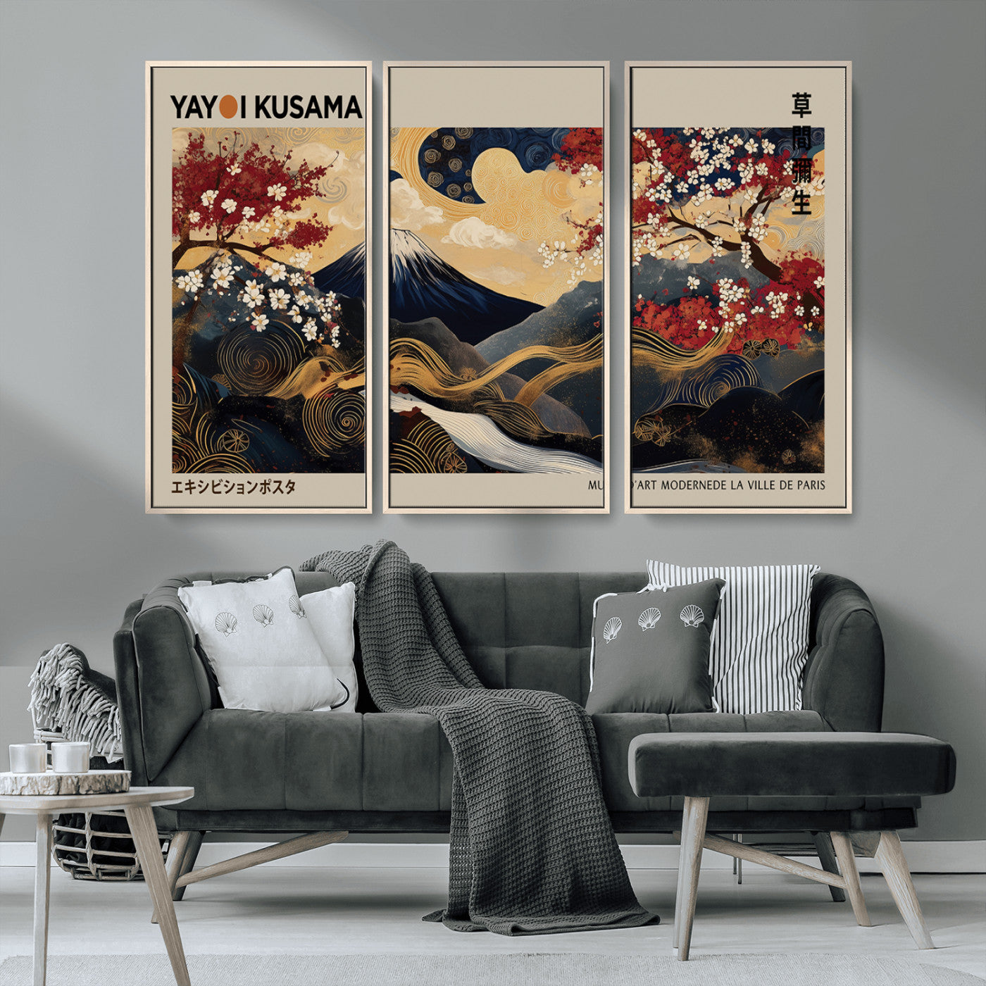 54967195-MGV-CV-36X24-Modern Japanese Wall Art Canvas Print – Framed Abstract Mount Fuji Scene with Yayoi Kusama Japanese Artwork for Home, Office