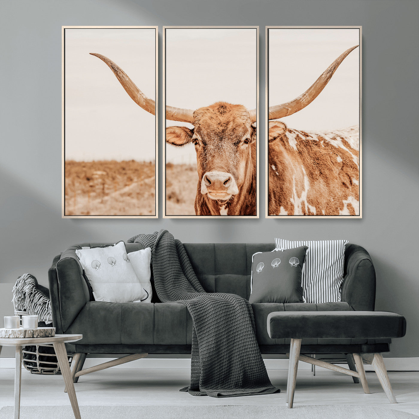 74406977-MGV-CV-36X24-Longhorn Bull Wall Art Canvas Print – Framed Western Cow Rustic Farmhouse Neutral Country Animal Artwork for Home Office