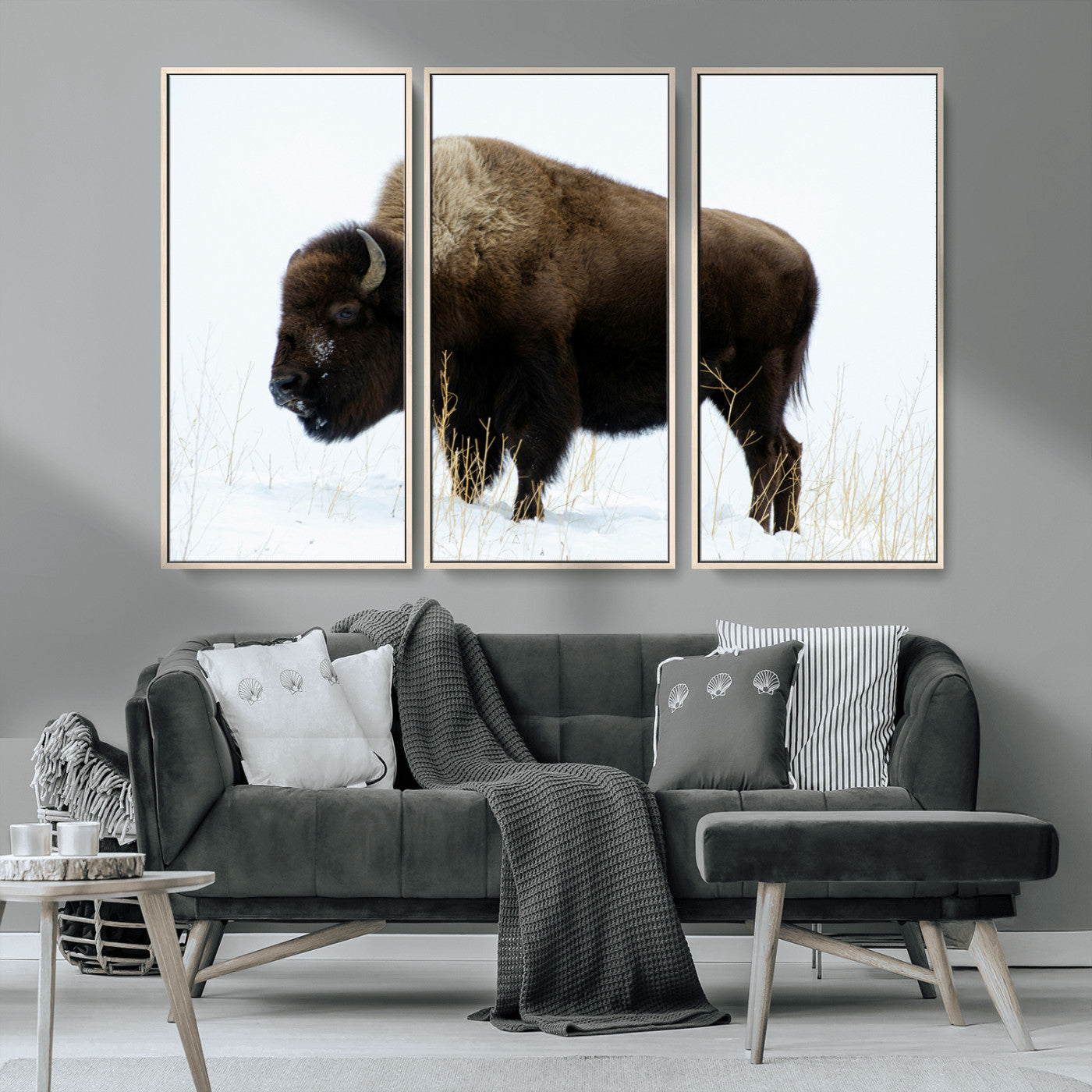 76778120-MGV-CV-36X24-Bison Wall Art Canvas Print – Framed Western Wildlife Buffalo Snow Rustic Nature Scene Artwork for Home Office