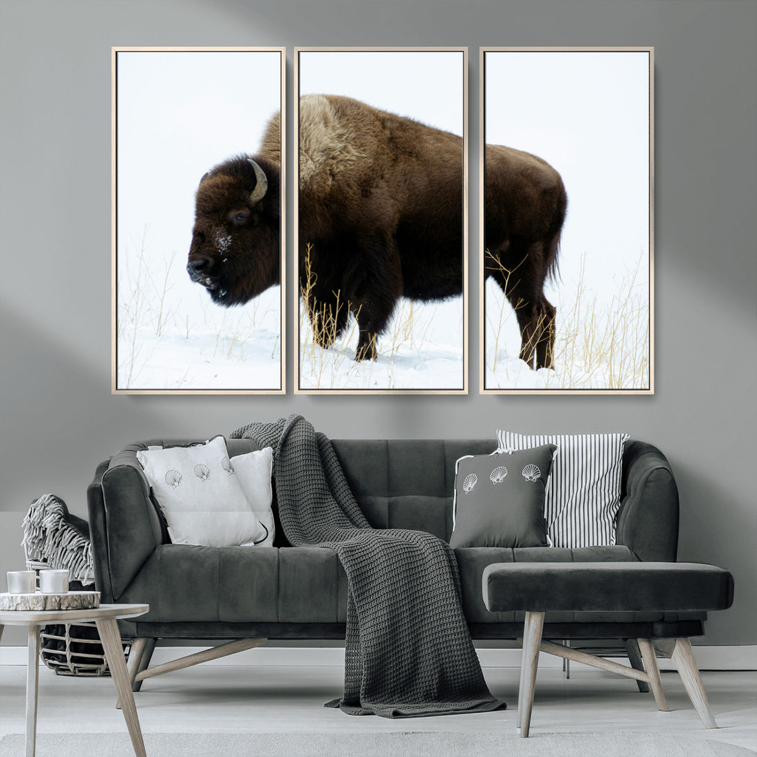 Bison Wall Art Canvas Print, Framed Western Wildlife Buffalo in Snow