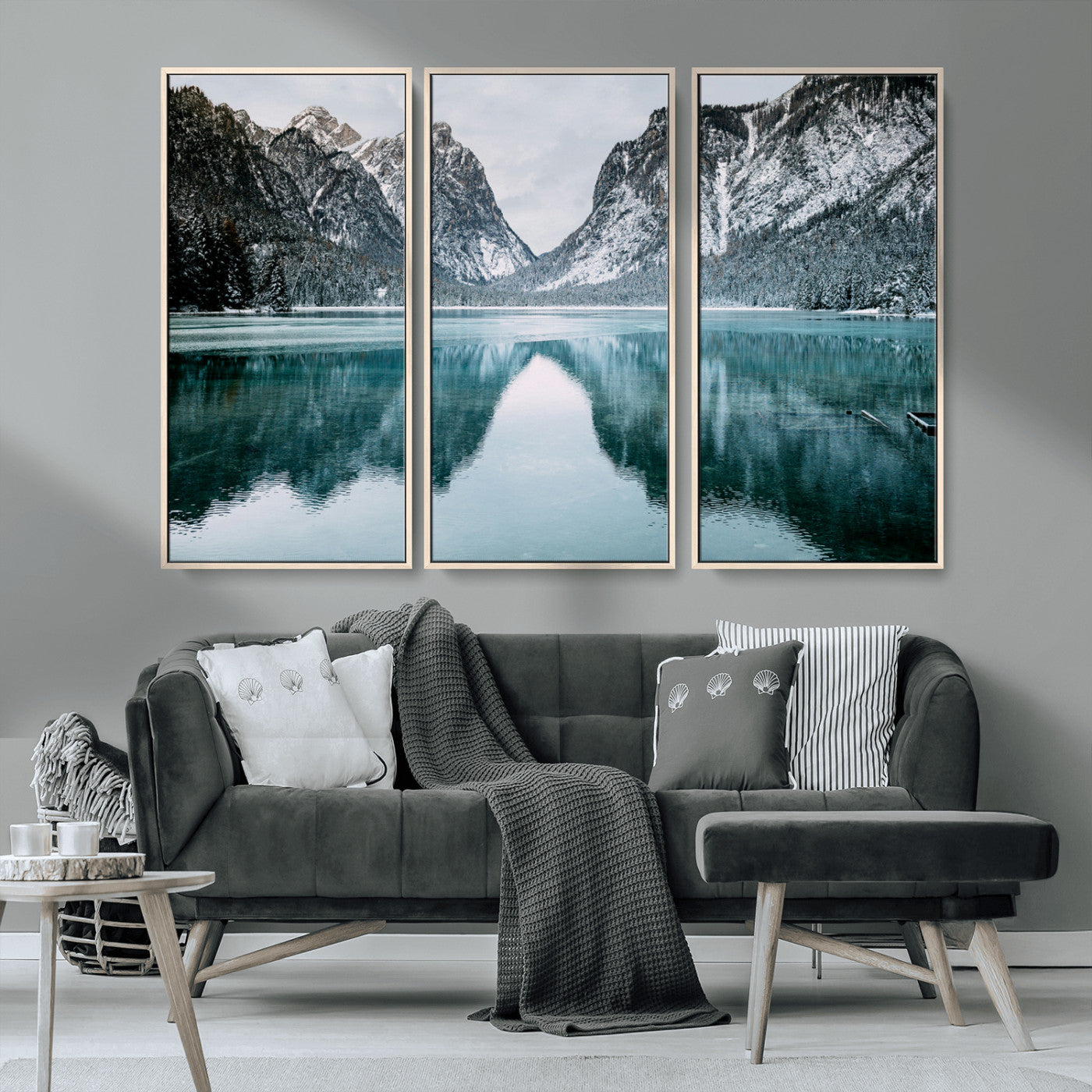 73098373-MGV-CV-36X24-Mountain Lake Wall Art Canvas Print – Framed Snowy Peaks Wonderland Nature Scene Artwork for Home Office