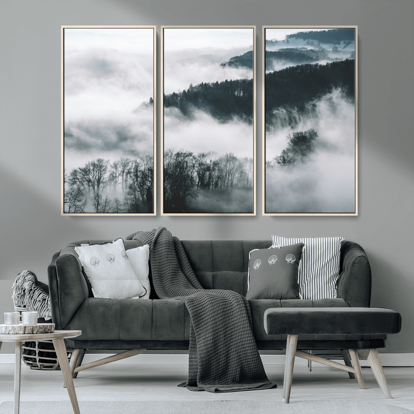 67569654-MGV-CV-36X24-Foggy Forest Landscape Wall Art Canvas Print – Misty Mountain Valley Scene Monochrome Tones Nature Artwork for Home Office