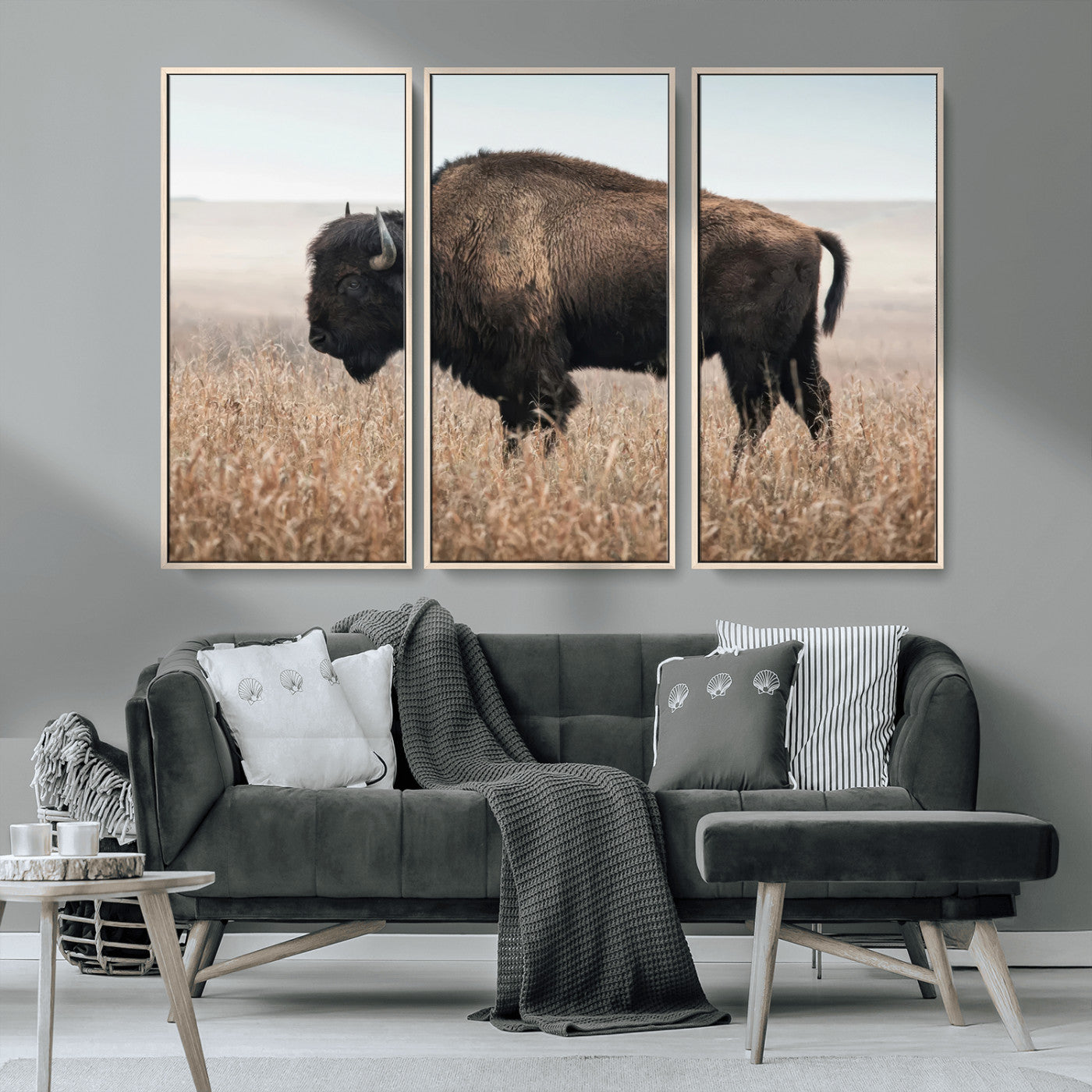 -American Bison Field Wall Art Canvas Print – Majestic Buffalo Grazing Wide Open Plains Wildlife Artwork for Home, Office